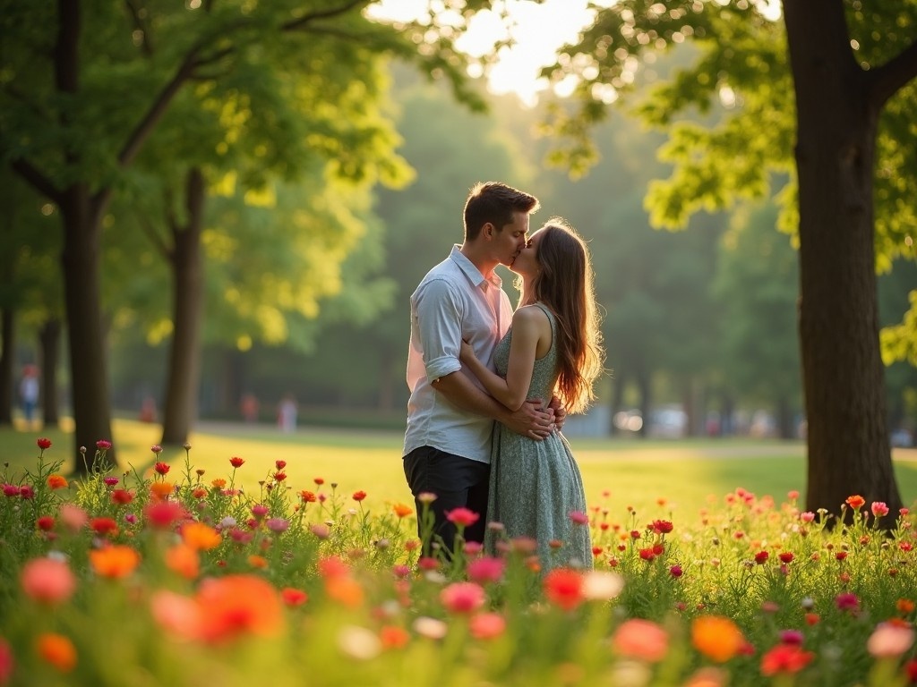 This image captures a beautiful moment between a couple who are sharing a romantic kiss in a lush green park. The scene is adorned with vibrant flowers of pinks and yellows, creating a dreamy atmosphere. Soft daylight filters through the trees, illuminating their tender expressions. The couple is embraced closely, exuding warmth and intimacy. The background is softly blurred, enhancing the focus on their loving moment. This setting is perfect for illustrating themes of love and romance in nature.