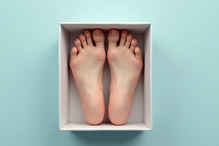 Realistic female feet inside a neatly placed box. Well-groomed with painted toenails. Background is soft pastel blue.