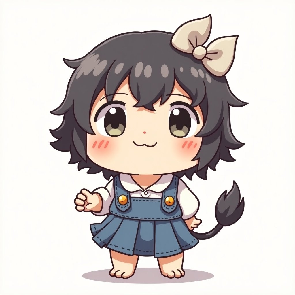 Anime-style chibi character with a cute face no background. The character has a tail wears a denim dress with a bow in the hair. The character looks happy and friendly.