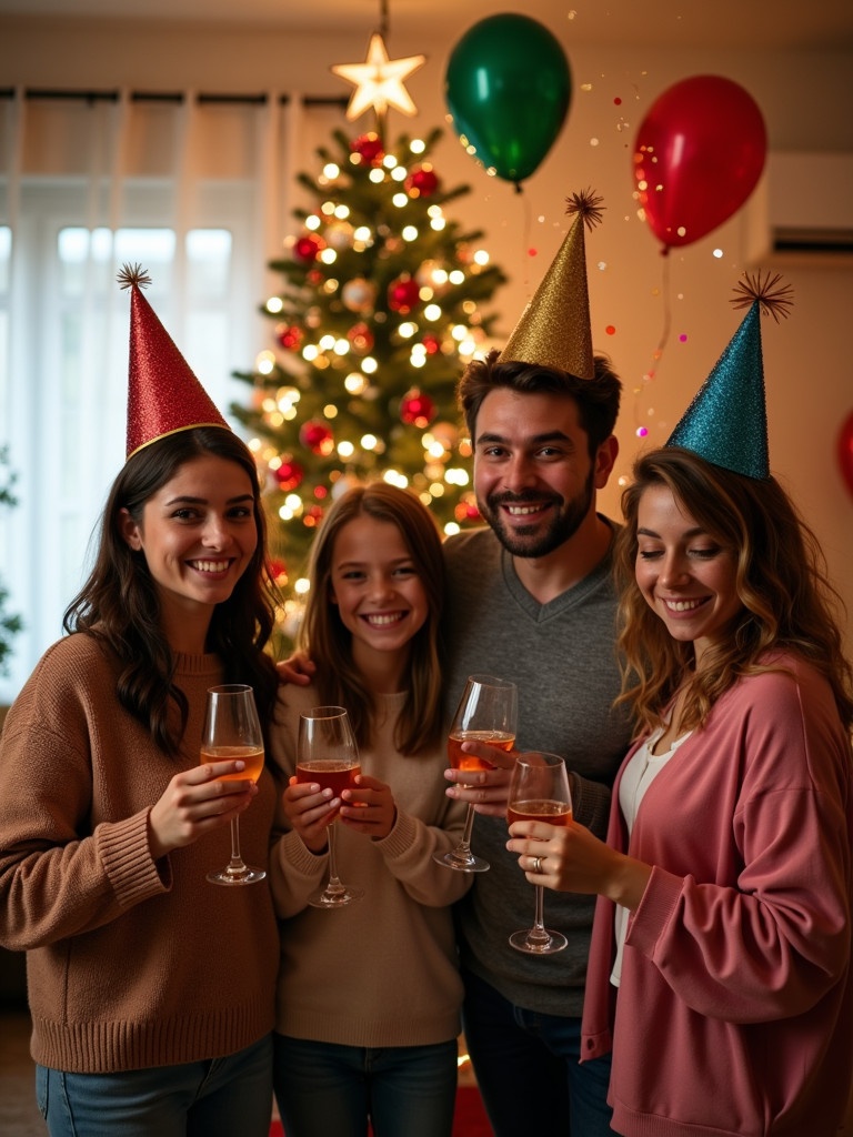 Group of friends celebrating New Year with drinks indoors. Festive atmosphere with decorations. Warm lighting enhances the cozy ambiance.