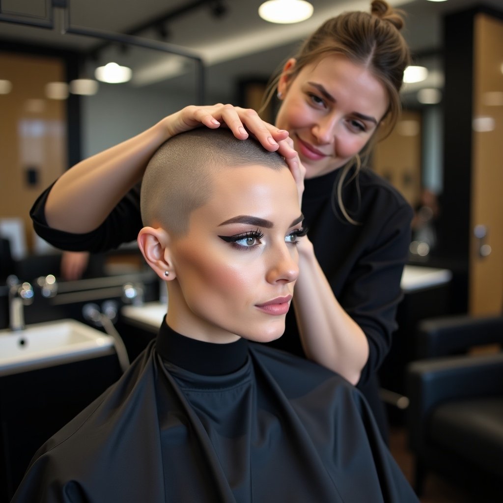 Shaved head is the main focus. A woman with a sleek look. The stylist gently places hands on the woman's head. The image depicts a cosmetic and grooming scene in a modern barbershop. Head shave.