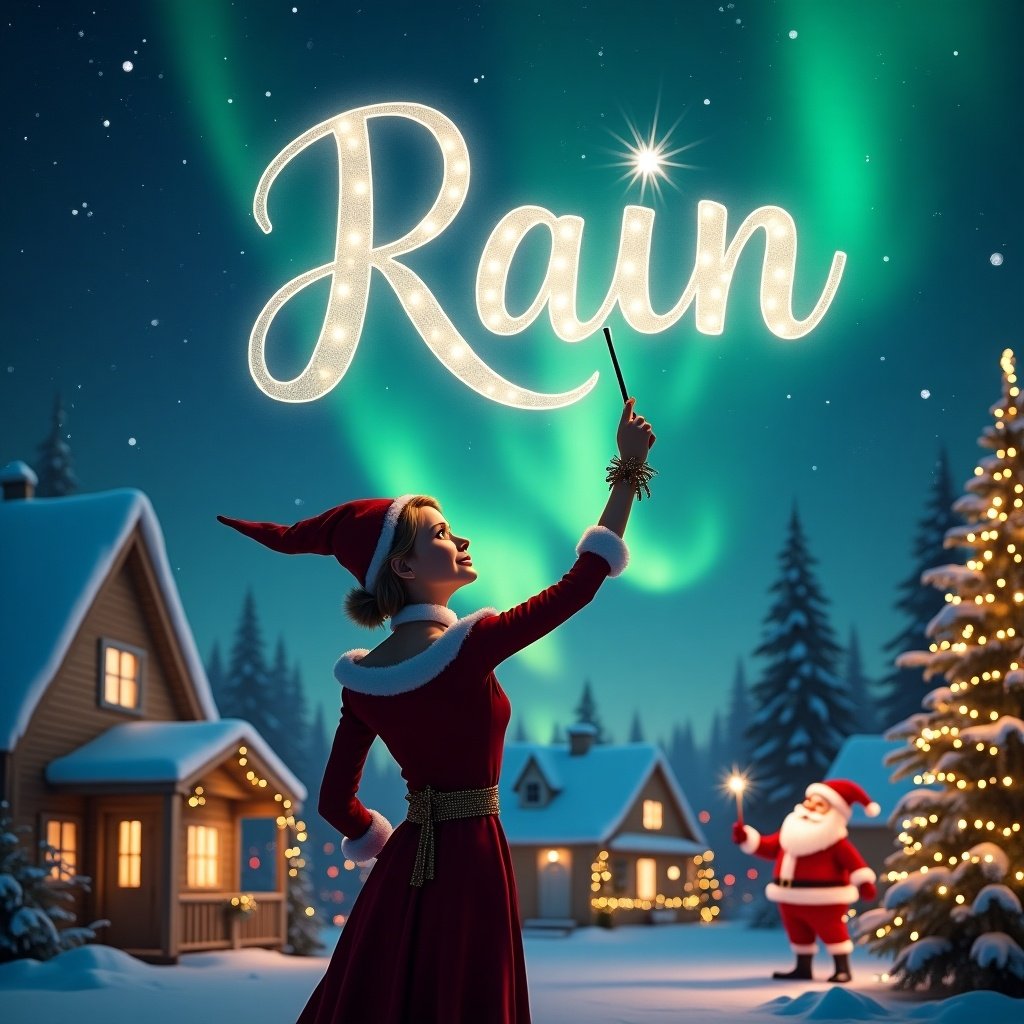 Elf with back to the image faces the sky. Elf uses wand to write the name in the magical Christmas scene. Northern lights shining. Santa Claus is present. Name Rain glowing in the sky.