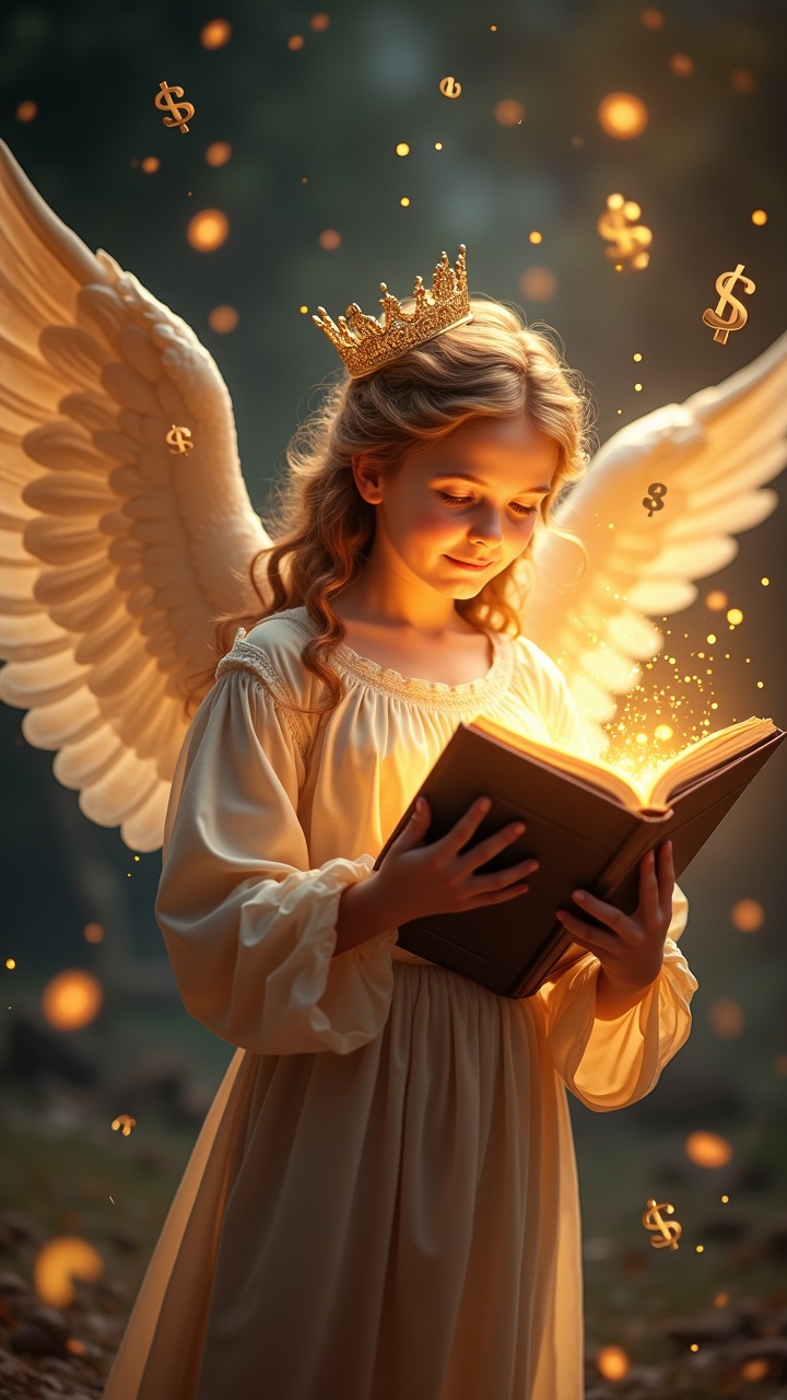 An angelic figure with wings, wearing a crown, reading a book that glows with golden light. The scene is magical, with floating golden symbols and a serene forest background.