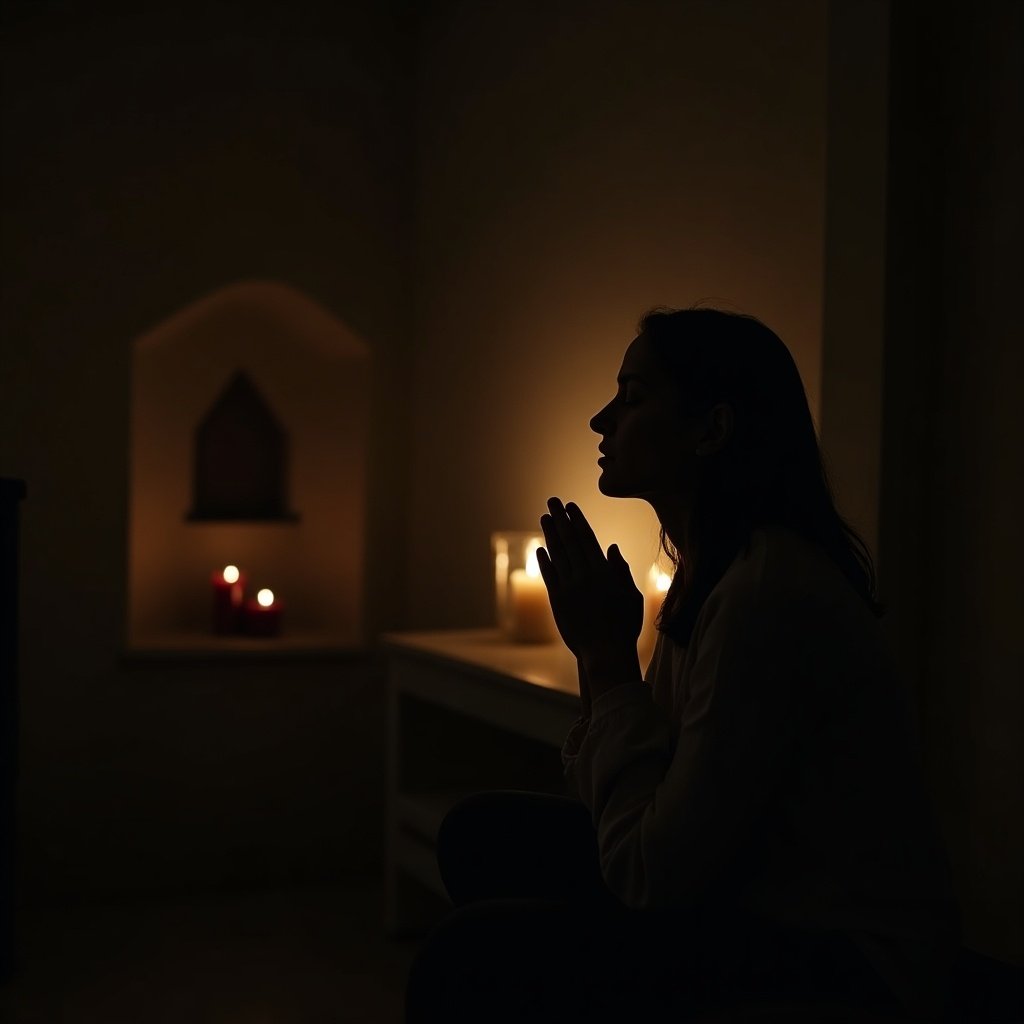 A person engaged in prayer in a dimly lit, intimate space with candles. The atmosphere is peaceful.