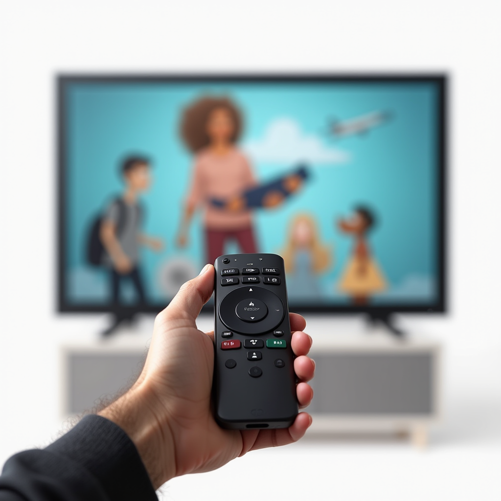 A person holding a remote control with an animated family scene on the TV in the background.