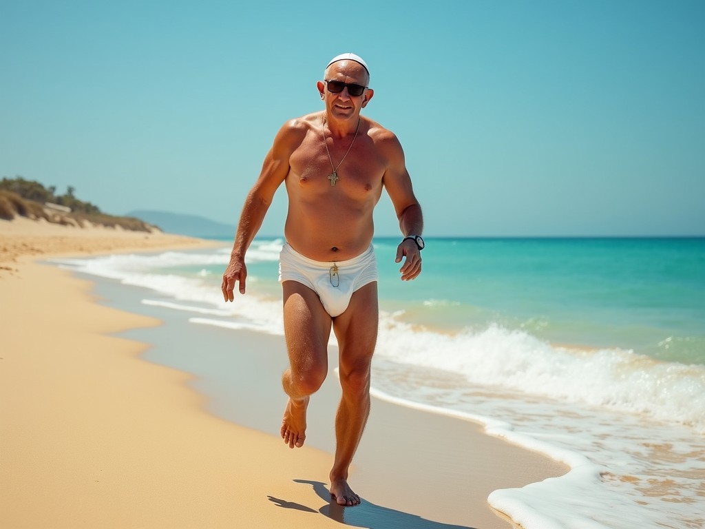 A man is confidently walking along a sunny beach, dressed in white swim trunks and wearing sunglasses. The vibrant turquoise sea gently kisses the golden sand, under a clear blue sky. The image captures the essence of a carefree summer day with the man exuding a sense of relaxed contentment.