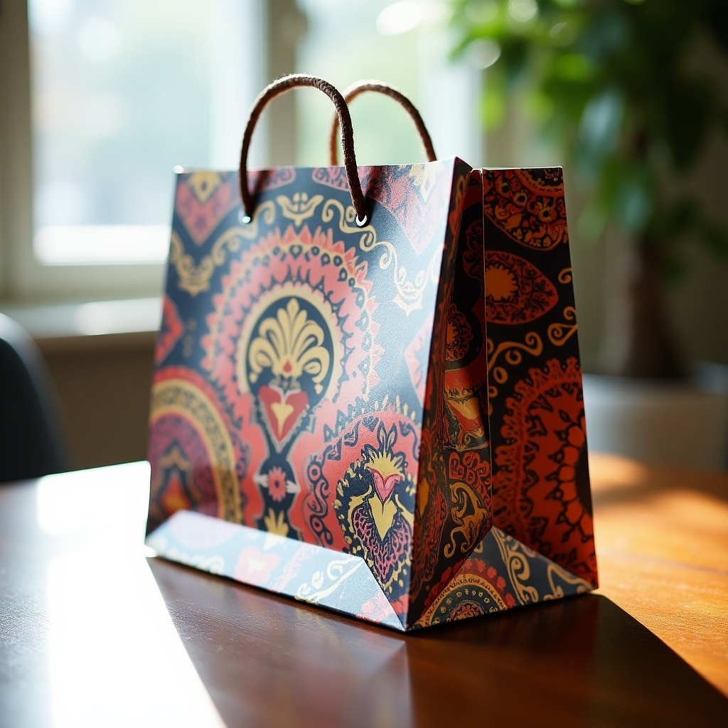 Laminated paper shopping bag with intricate patterns and colors. Focused view on bag design placed on a wooden table. Background features soft lighting with plants.