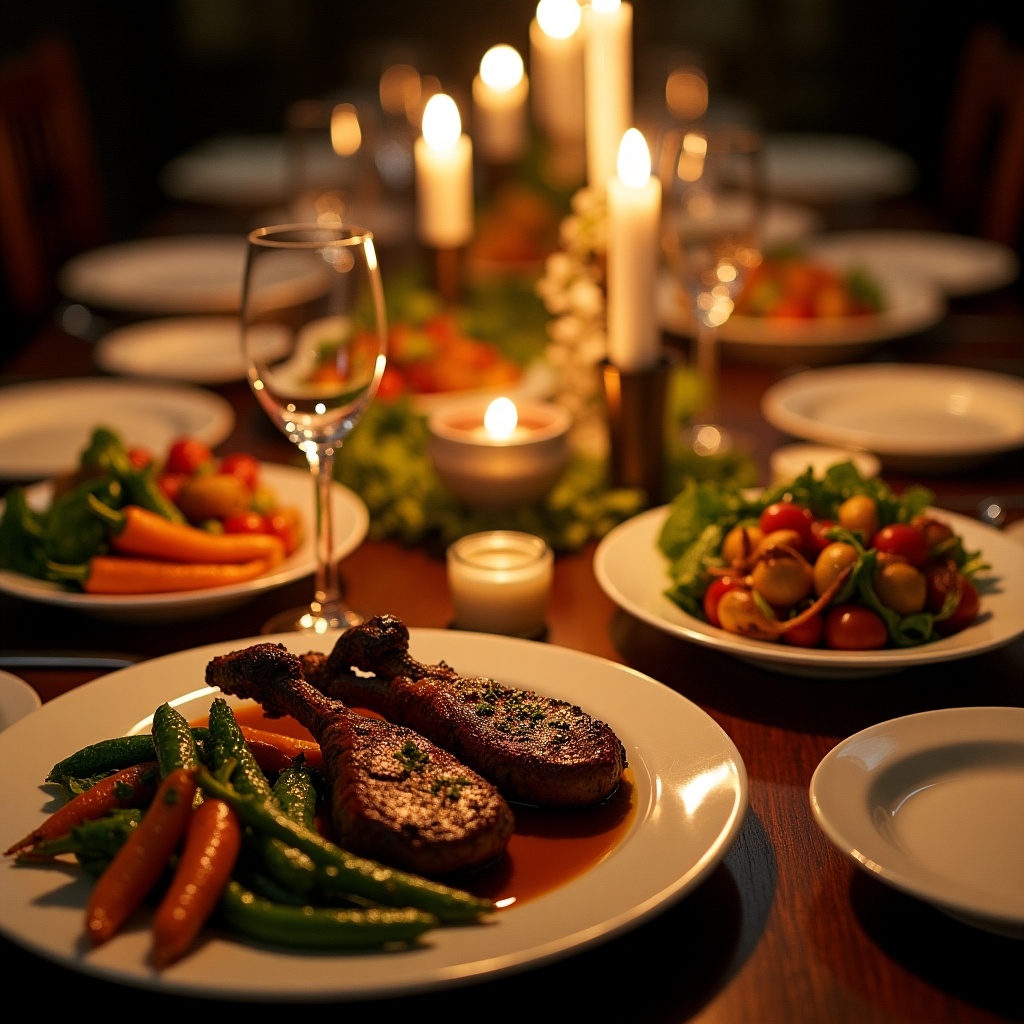 The image captures an elegantly set dining table adorned with gourmet food. A main dish of seasoned meat with a rich sauce is presented alongside vibrant vegetables and a fresh salad. The warm glow from candles enhances the intimate and inviting atmosphere of the scene. Surrounded by neatly arranged plates and a glass of wine, the setting invites guests to enjoy a delightful meal together. The overall ambiance suggests a special occasion or a romantic dinner.