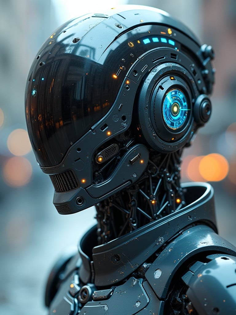 Detailed depiction of futuristic cyborg wearing helmet with holographic interfaces. Close-up view showing mechanical features and lighting.