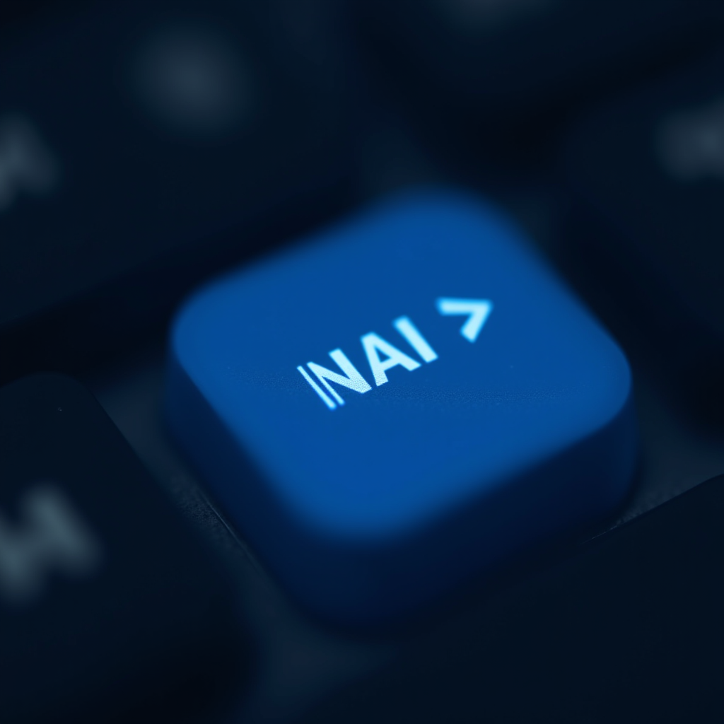 A close-up of a blue laptop key with "NAI >" illuminated, symbolizing an AI-powered function.