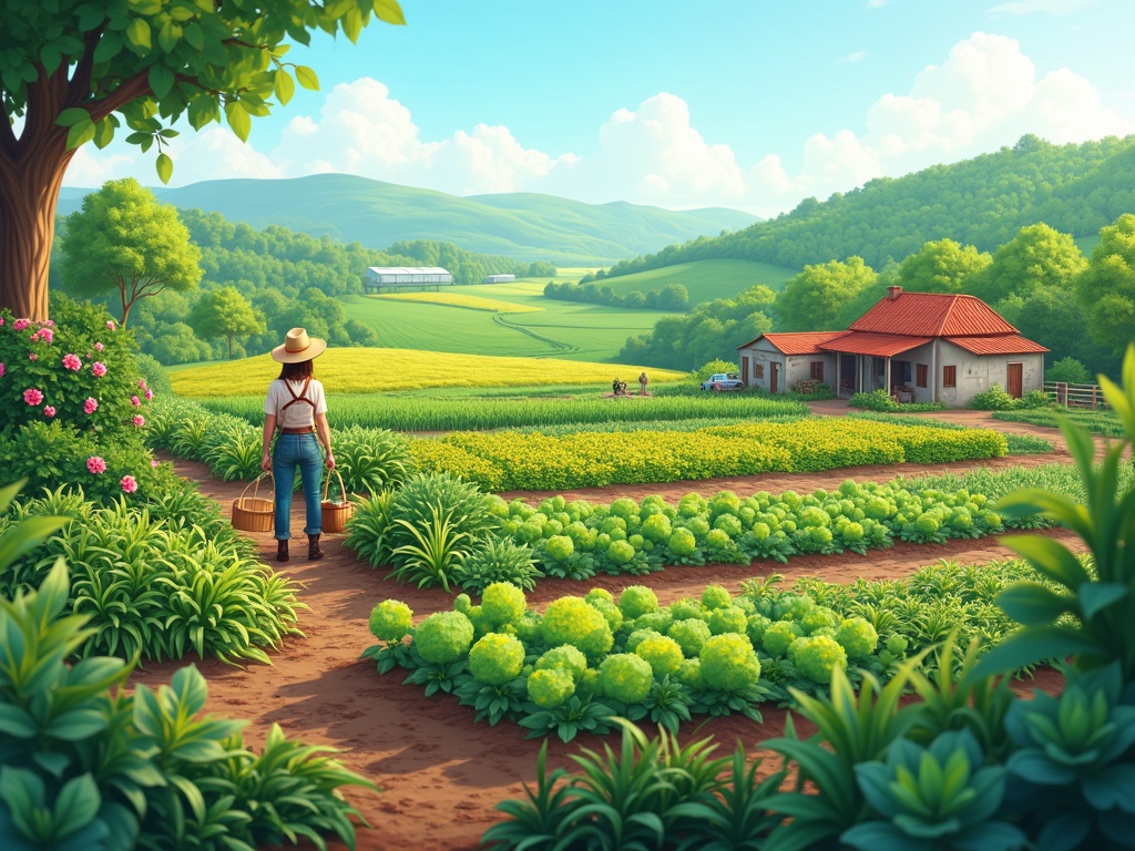 Illustrate a farm utilizing sustainable farming methods. Feature healthy crops and diverse plants. Show farmers employing eco-friendly techniques. Represent a peaceful rural landscape with mountains in the background.