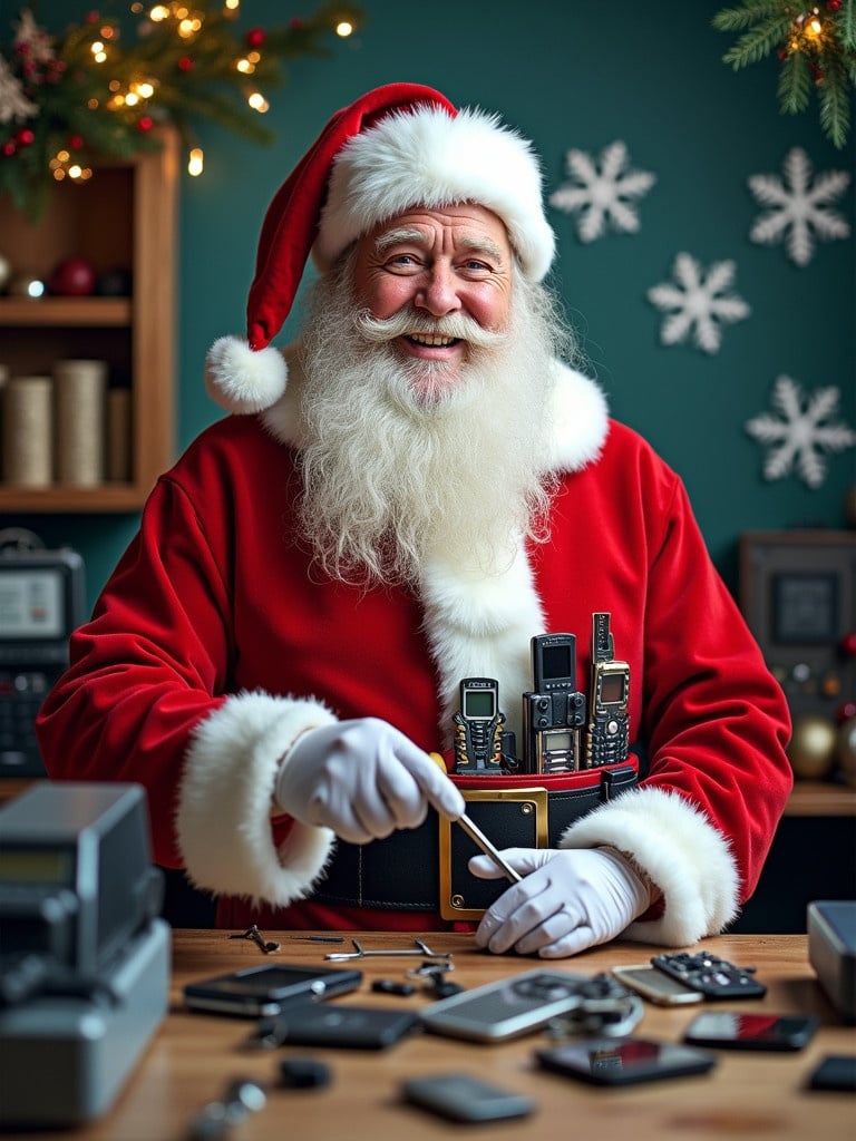 Festive Santa Claus acts as a mobile repair technician. He wears a red suit with white fur trim and a belt filled with tools. A variety of phones and gadgets are laid out on the table. A cozy background with holiday decorations enhances the scene.