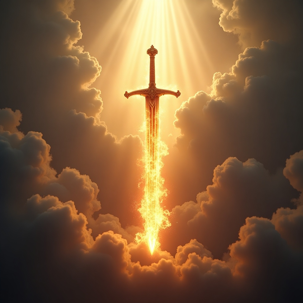 A sword glowing brightly in the clouds. Light beams radiate downwards. The sword appears magical and divine, resembling religious symbolism.