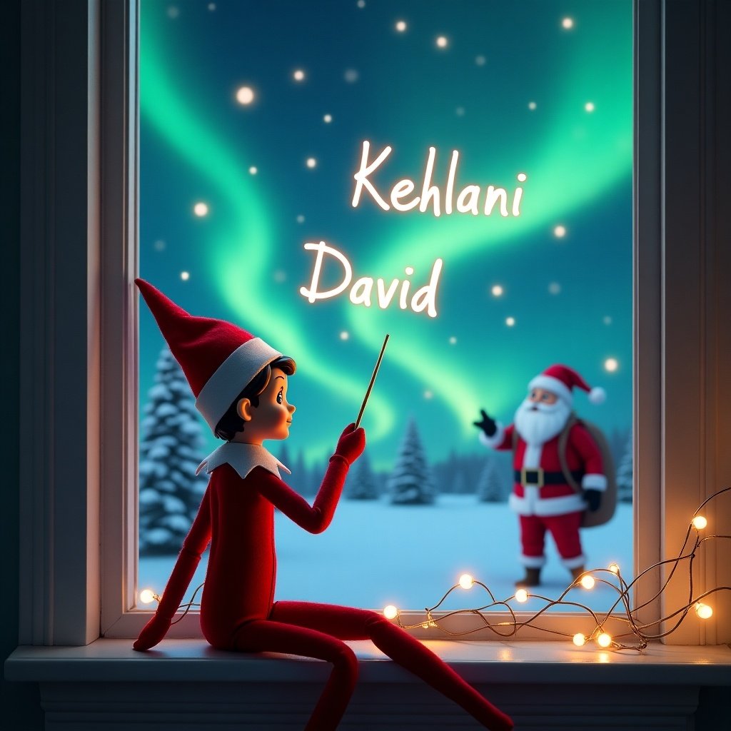 Elf on the shelf sits on windowsill. The elf is dressed in red and white. The elf uses a wand to write names in the air. Night sky has swirling northern lights. Santa Claus is visible in the background. The words are ‘Kehlani', ‘Dominic’, ‘David’. It’s a festive and enchanting Christmas scene.