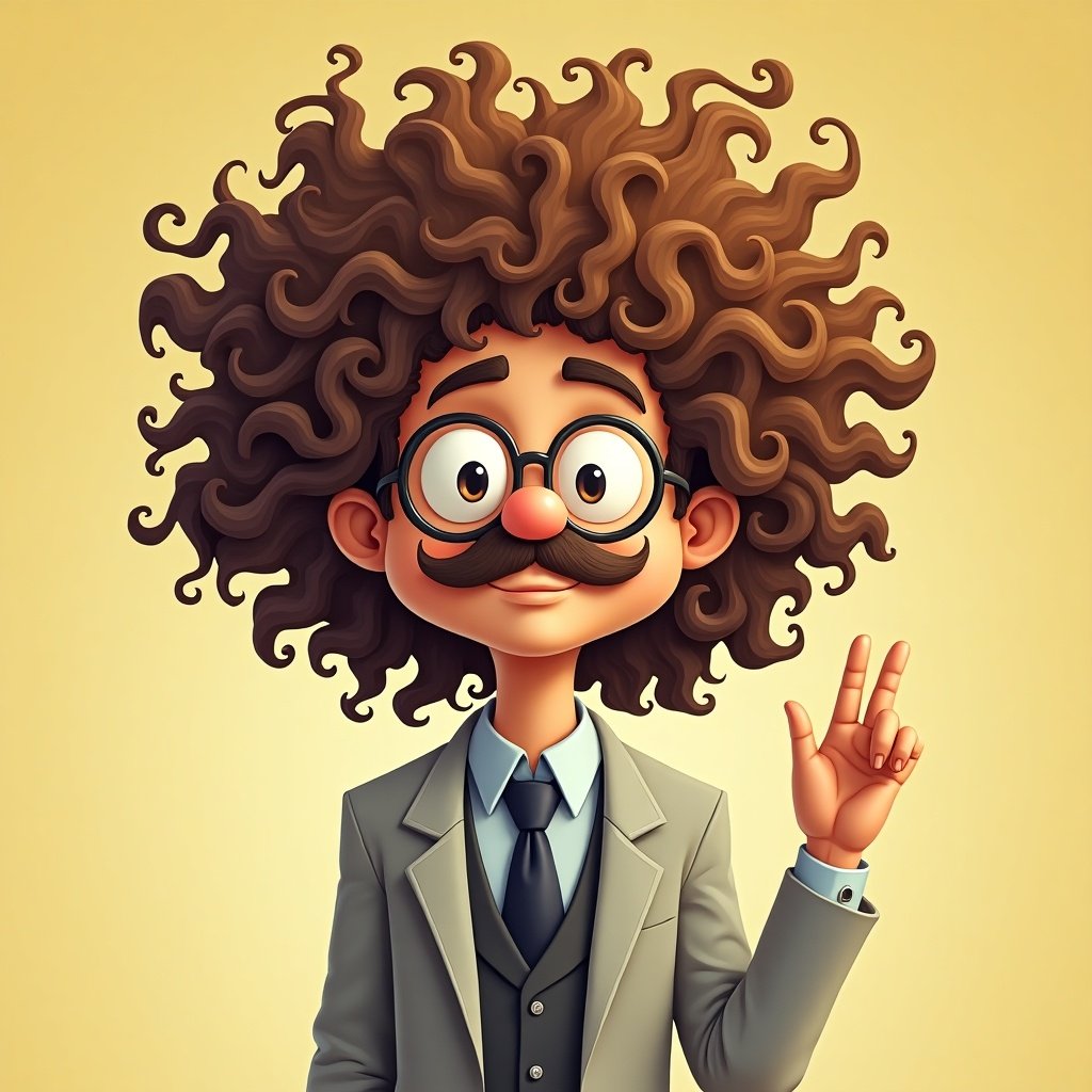 Cartoon of a curly haired professor in formal attire showing a hand gesture. Bright yellow background.