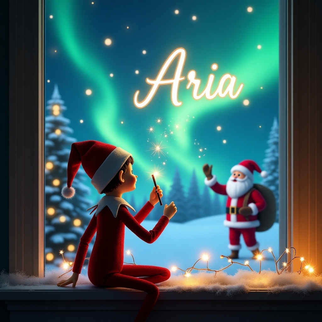 An elf on the shelf, with its back to the viewer, is sitting by a window, gazing up at the night sky. The elf is using a magic wand to write in the air, creating the name 'Aria' in shimmering sparkles. Outside the window, a magical Christmas scene unfolds with beautiful northern lights dancing in the sky. In the background, Santa Claus can be seen, warmly waving at the elf. Soft snowfall blankets the ground and the evergreen trees surrounding the scene. The atmosphere is filled with holiday cheer and wonder.