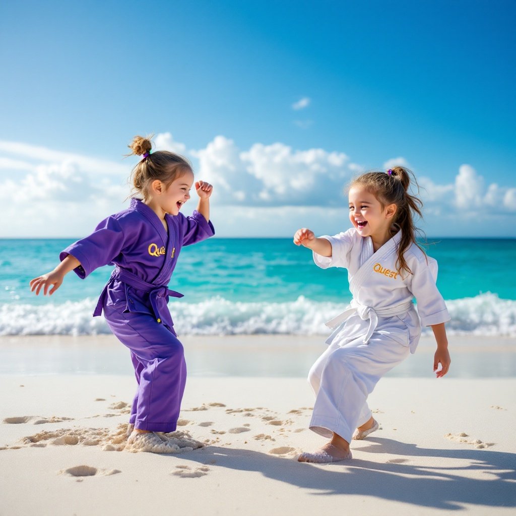 Two girls practicing taekwondo on a Caribbean beach. One wears purple and one wears white. Both have the word Quest in gold. They giggle and play on the sandy shore. The sea is turquoise and calm. The sky is blue with white clouds. The scene is full of joy and friendship.