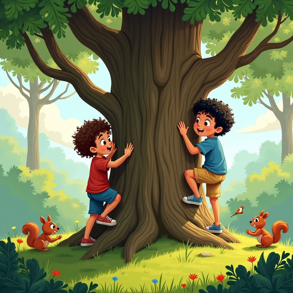 Two children playing near a large tree. One child is climbing the tree while the other stands nearby. Squirrels are present in the scene. The setting is bright and playful, with a lush landscape.