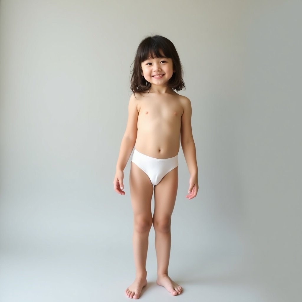 Image features a girl standing barefoot and upright against a light gray background. She is wearing white underwear. The lighting is soft and even. The pose is confident and relaxed, showcasing playfulness and innocence. The style is minimalistic.