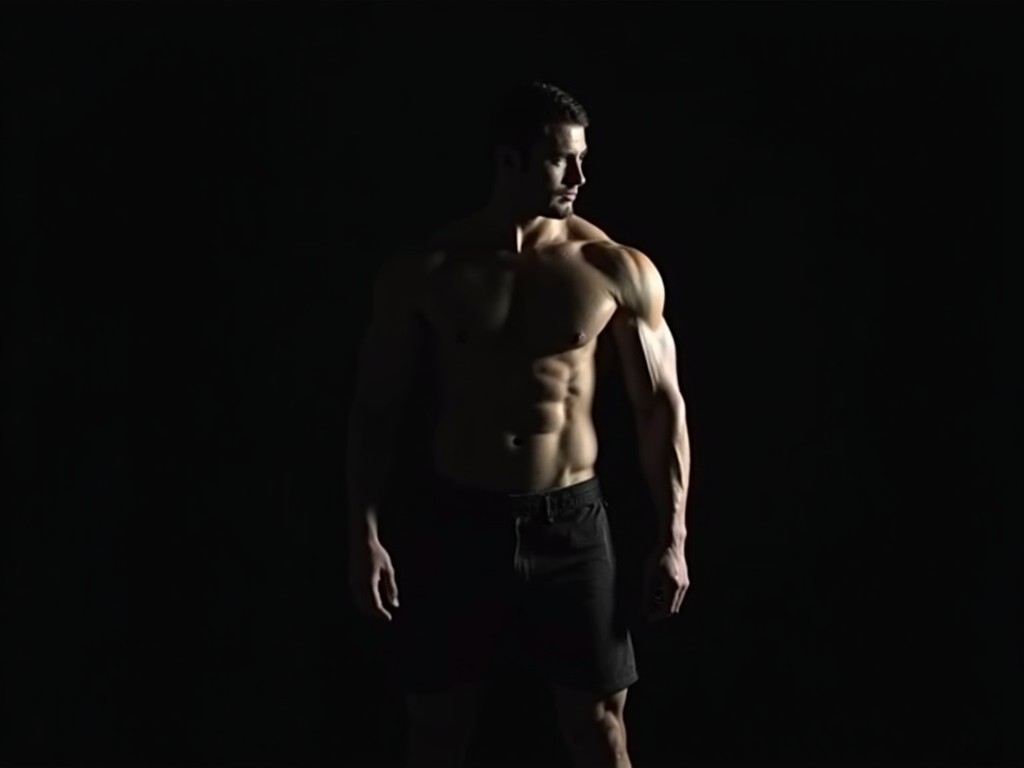 A muscular man stands confidently in a semi-dark environment. The low-key lighting emphasizes the contours of his muscles, creating an impression of strength. He wears black shorts, showcasing his athletic physique. The pose exudes confidence and dedication to fitness. The emphasis is on the interplay of light and shadow, making the subject the clear focal point against the dark background.