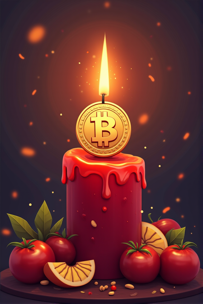 A glowing red candle topped with a Bitcoin symbol is surrounded by ripe tomatoes and lemon slices.