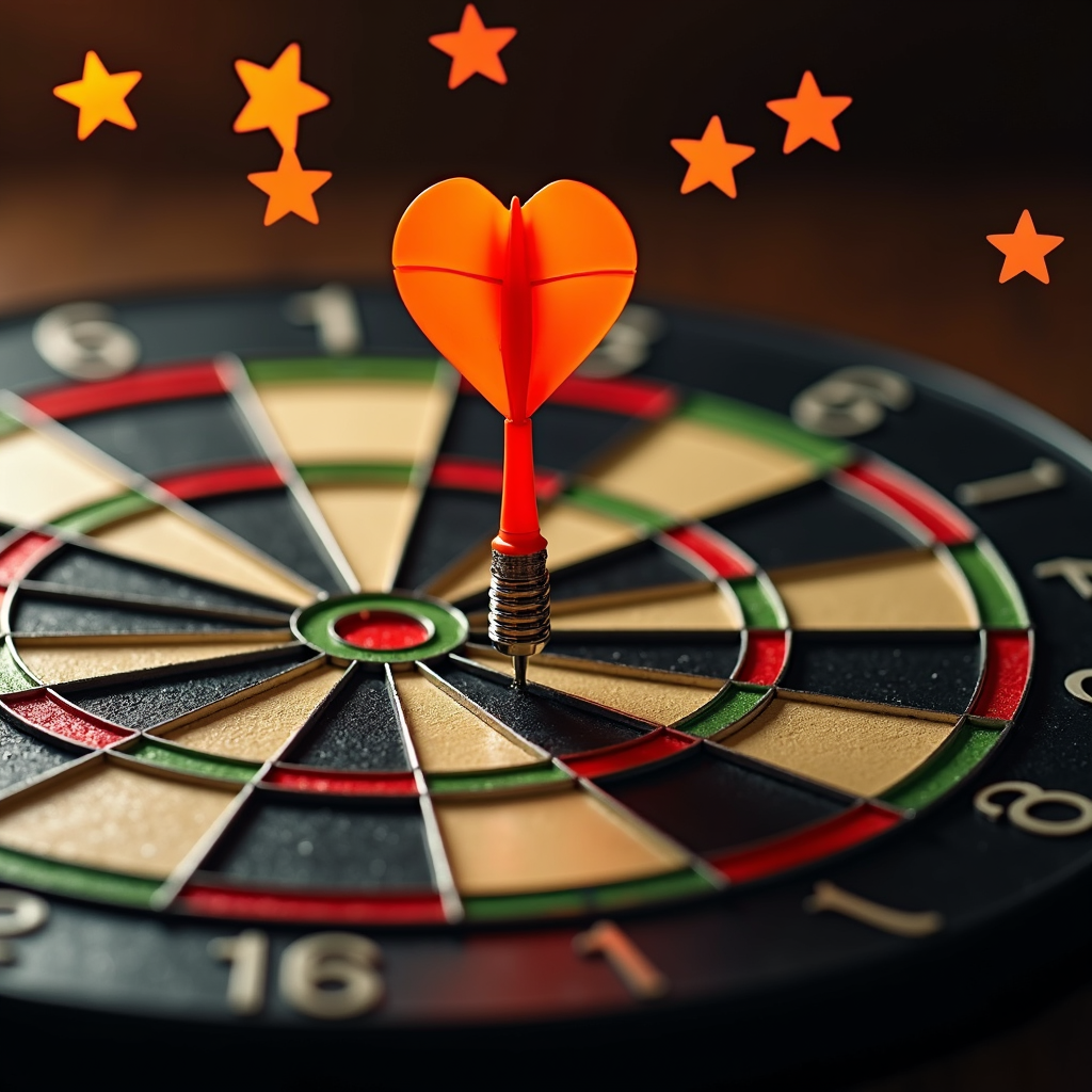 A heart-shaped dart hits the bullseye on a dartboard, surrounded by glowing stars.