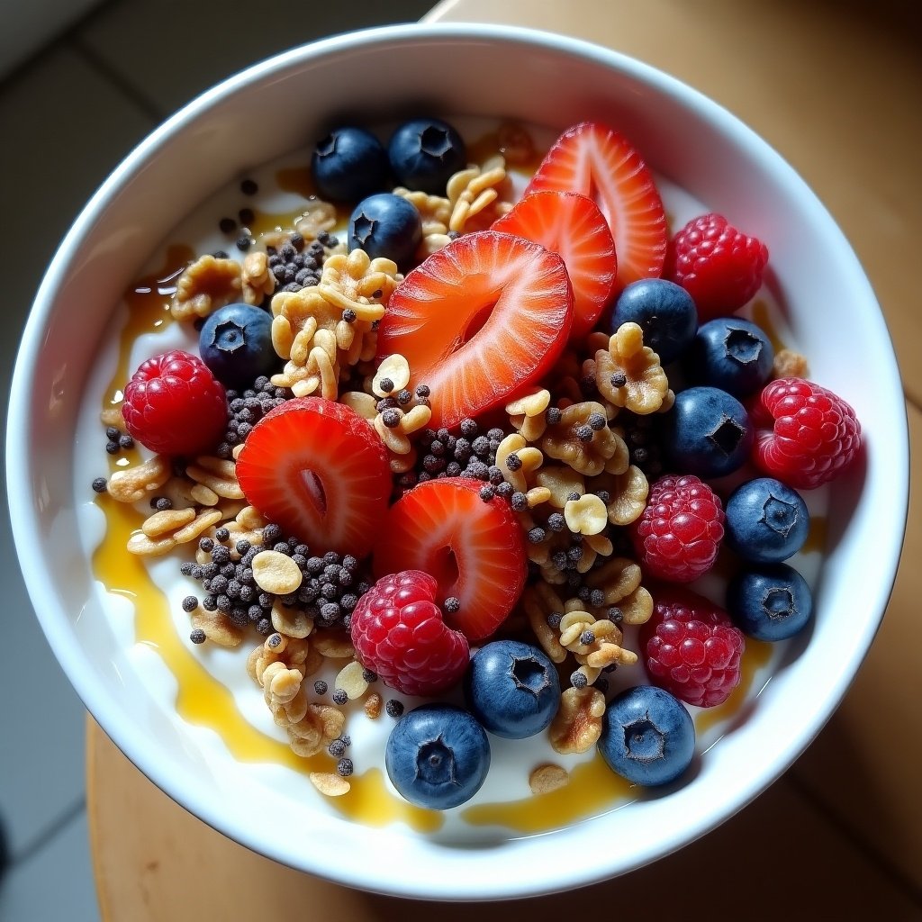 Large bowl of yogurt topped with mixed berries, granola, walnuts, and chia seeds, drizzled with honey. Ultra realistic image.