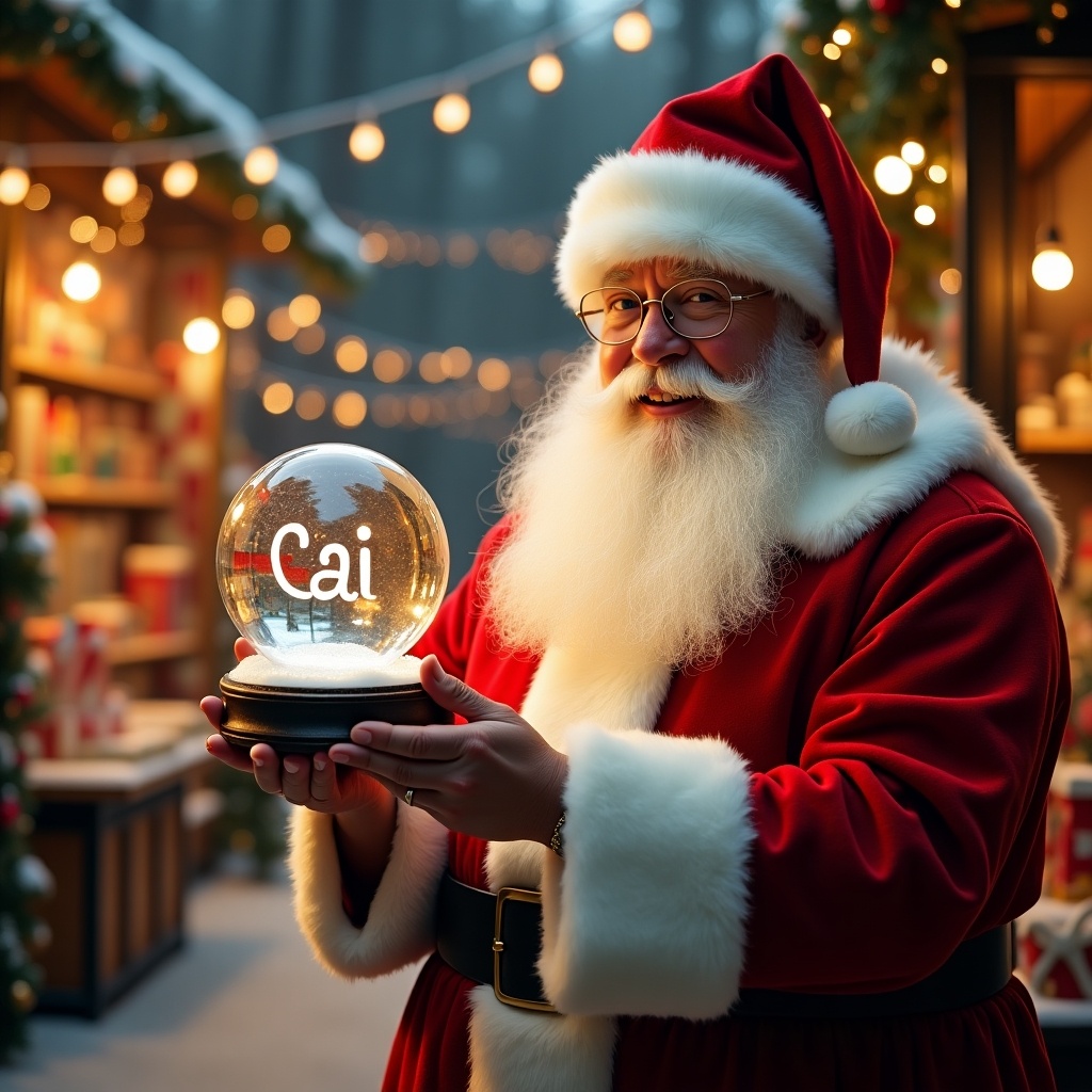 Festive Christmas scene with Santa Claus dressed in a red and white suit. Santa holds a snow globe with the name 'Cai'. A toy shop decorated with vibrant festive lights and ornaments serves as the background. The atmosphere is merry and warm.