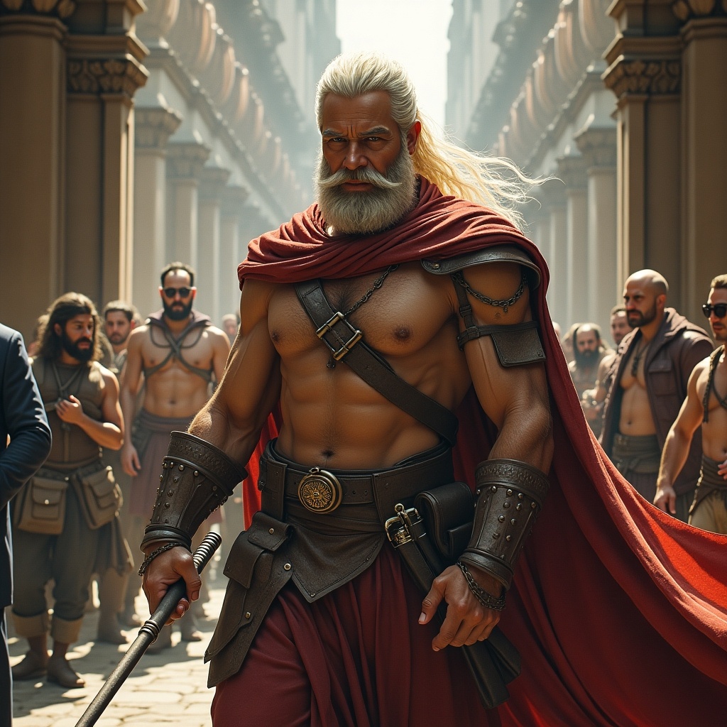 In a vibrant and dynamic setting, a muscular hero leaves an intense impression as he strides through a grand corridor flanked by followers. He boasts a magnificent long beard and flowing hair, draped in a deep red cape that catches the light dramatically. The surrounding crowd is similarly clad, suggesting a theme of strength and unity. The architectural details in the background enhance the epic feel of the scene, reminiscent of ancient civilizations. This image captures a moment of anticipation and power, embodying the spirit of heroic legends.