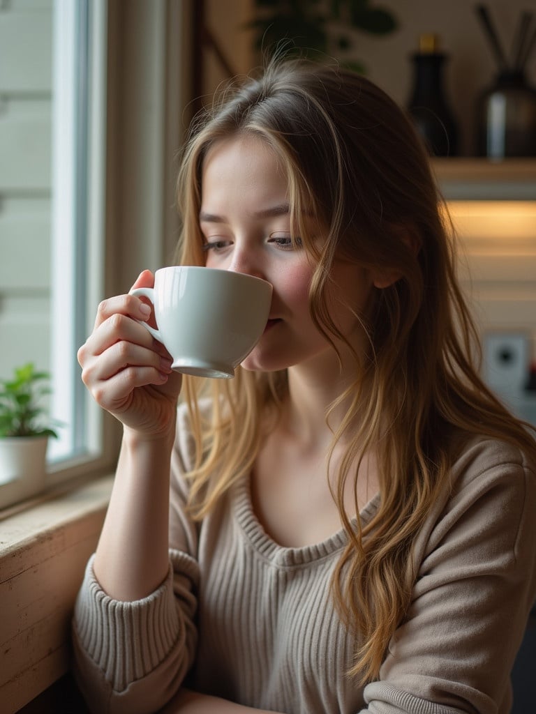 A girl enjoys a cup of coffee by the window. She has long blond hair and wears a cozy sweater. Natural light fills the space from the window. Some small plants are visible nearby. The scene is comfortable and inviting.