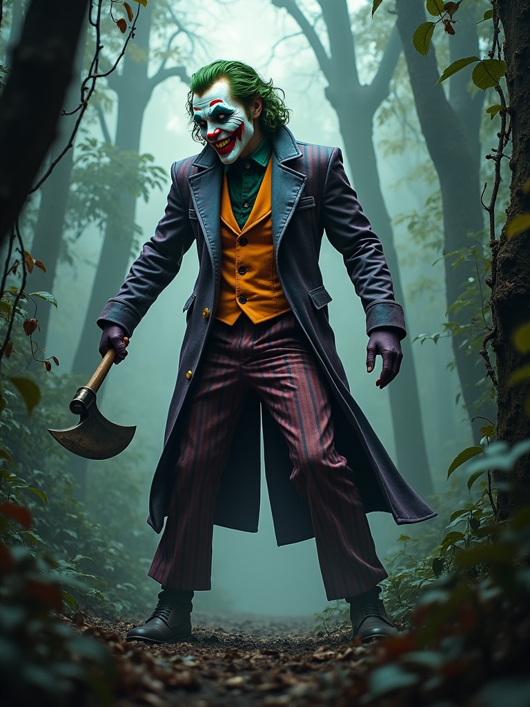 A Joker-like character stands in a dense jungle. The character has a vibrant mismatched outfit. He wields a sharp axe in one hand. Towering trees and thick vines surround him. There is a misty and ominous atmosphere. The lighting emphasizes his menacing presence.