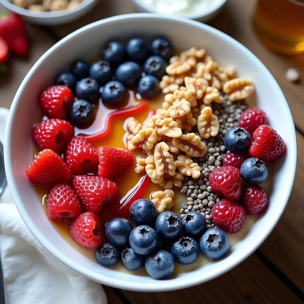 Bowl contains mixed berries, granola, walnuts, chia seeds, honey, and yogurt. Ultra realistic depiction of healthy breakfast.