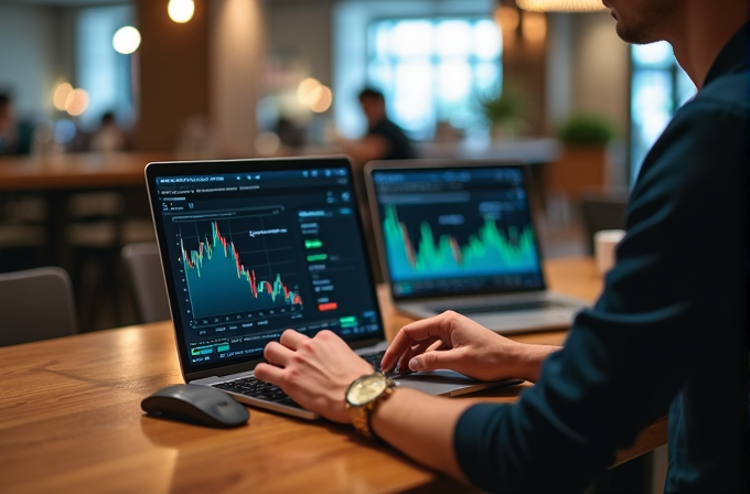 A person at a desk is using two laptops displaying stock market charts.