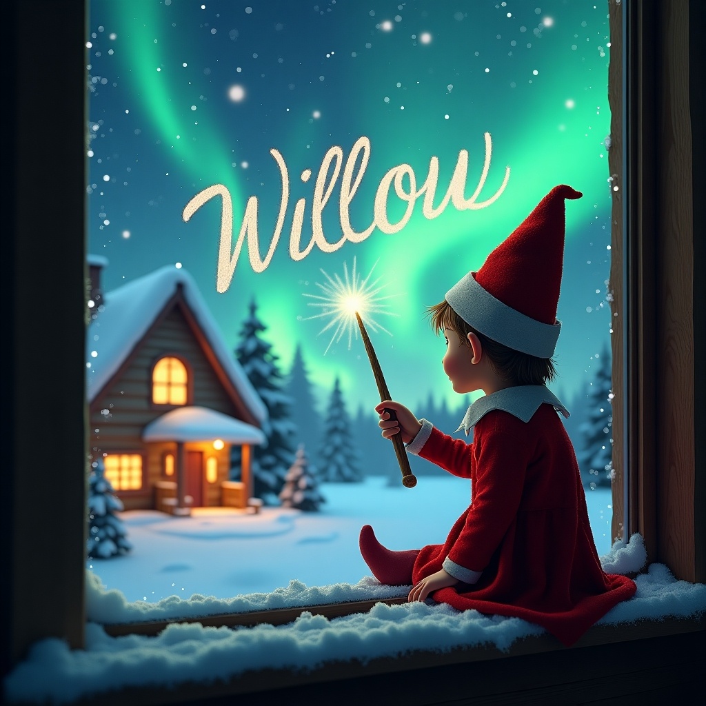 The image features an enchanting Christmas scene. An elf is sitting on a window ledge, gazing at colorful northern lights. Dressed in a classic red outfit and pointed hat, the elf is writing the name 'Willow' in the starry sky with a magical wand. A cozy house is visible in the background, illuminated warmly. Snow gently accumulates on the window sill, enhancing the winter wonderland atmosphere. This whimsical setting evokes a sense of holiday wonder and magic.