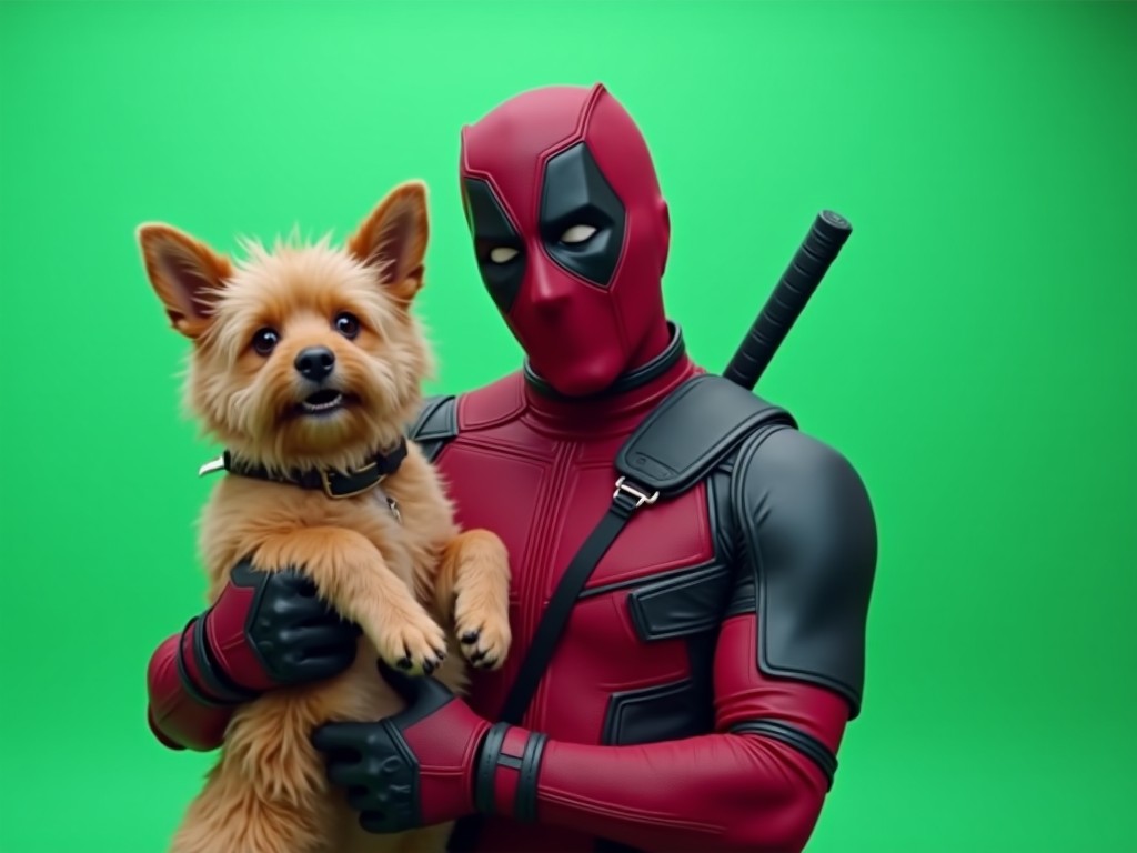 A cinematic portrayal featuring a character in a Deadpool costume, famously played by Ryan Reynolds, holding a quirky-looking dog named Peggy. The character stands in front of a vibrant green screen, emphasizing the playful and humorous nature of the scene. Deadpool's costume is detailed, showcasing its iconic red and black colors. The small dog seems slightly disheveled, providing a humorous contrast to the superhero. This image captures a fun mix of superhero culture and pet-loving humor, making it ideal for lighthearted promotional content.