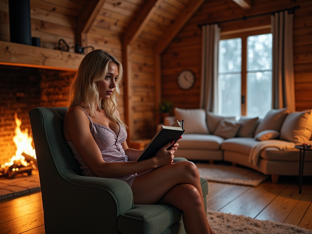 A woman sits in a cozy wooden cabin, utterly absorbed in a book as she enjoys the warm glow of a fireplace. The interior is warmly lit, with soft furnishings and a view of the outside through curtained windows. The scene exudes comfort and tranquility, enhanced by the gentle colors and the flickering light of the fire.