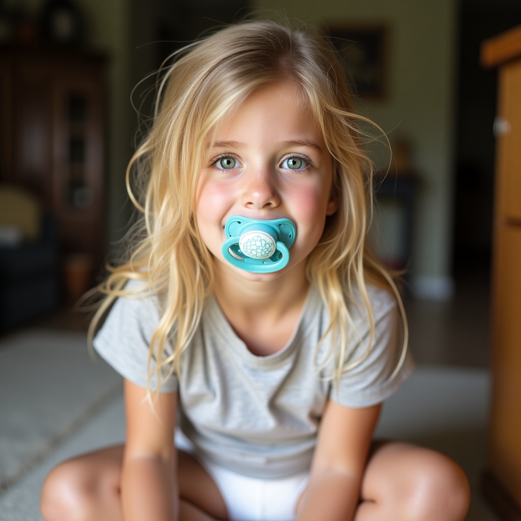 The image depicts a cheerful seven-year-old girl sitting cross-legged on the floor in a cozy living room. She has long, wavy blond hair and striking emerald green eyes. A pacifier rests in her mouth, giving her a playful, innocent appearance. She is clad in a simple t-shirt and is wearing disposable diapers, suggesting comfort in a home environment. The setting appears to be her grandma's house, characterized by a warm, inviting atmosphere with soft lighting. The girl's expression exudes happiness and curiosity, perfectly capturing a moment of childhood bliss.