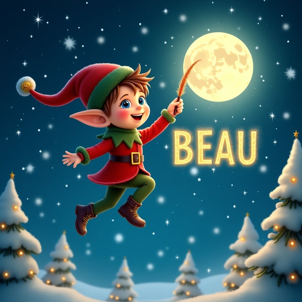 An enchanting scene featuring a joyful boy elf in mid-air. He has brown hair and bright blue eyes, wearing a colorful red and green outfit. The elf is adorned with a jingle bell hat and is joyfully creating the word 'BEAU' in shimmering golden letters with a glowing quill. The background is a starry night sky, accentuated by falling snowflakes. Below, snow-covered trees are adorned with twinkling lights, enhancing the magical atmosphere. The bright moon bathes everything in a gentle glow, highlighting his excitement and the festive spirit.