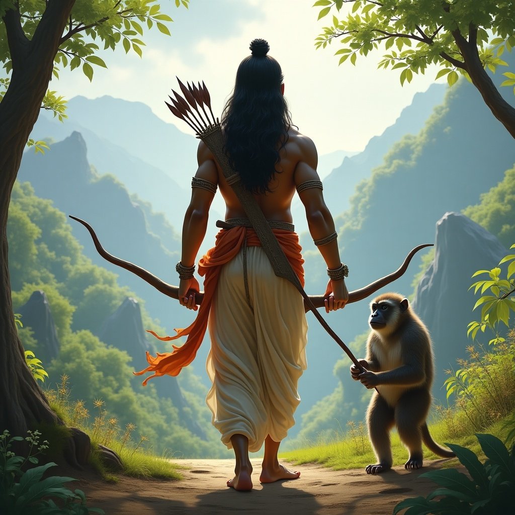 A strong figure from Hindu mythology in a landscape with a monkey. Holding a bow and arrow. Surrounded by green mountains and trees. Mystical atmosphere.