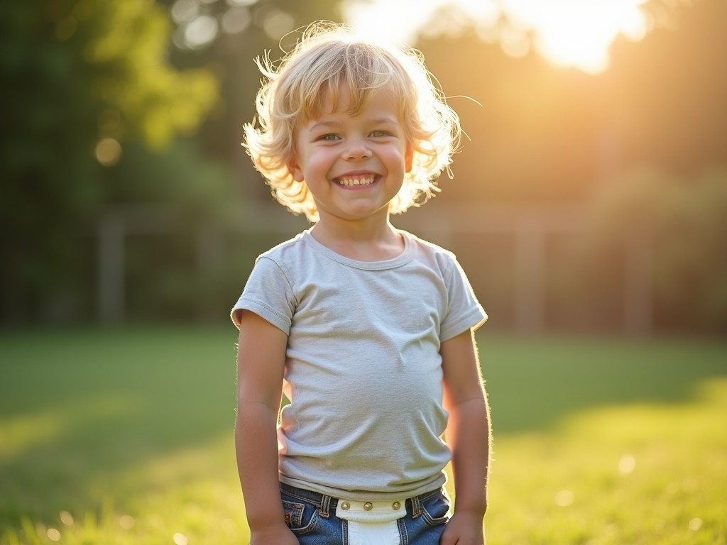 A cheerful child smiling outdoors against a sunlit background, capturing the essence of a joyful summer day.