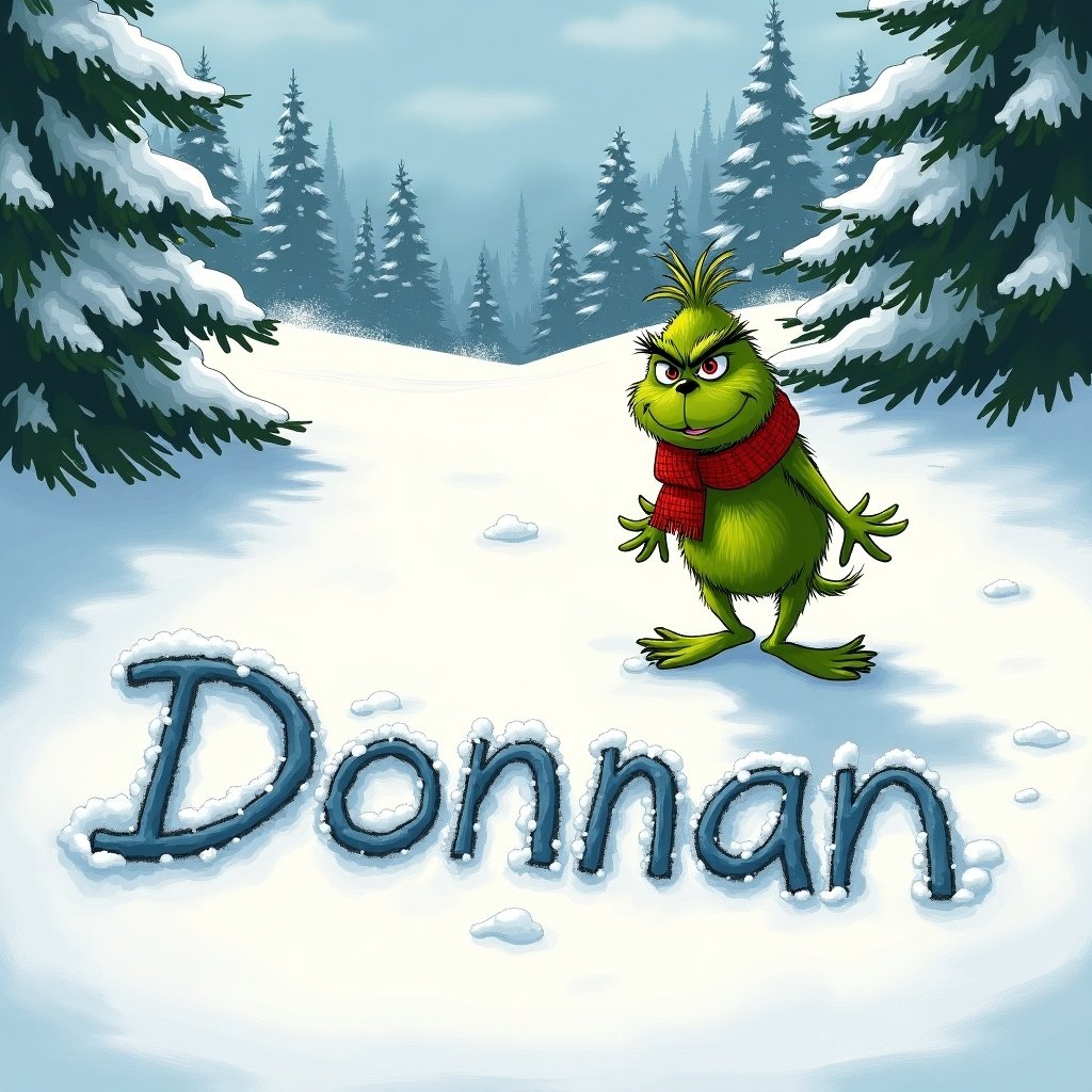 The Grinch writes Donnan in snow. Scene includes snow-covered hills and evergreen trees. The Grinch is green wearing a red scarf.