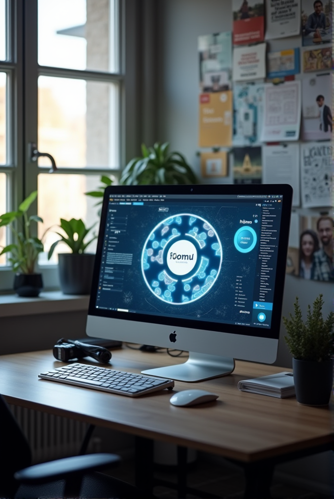 A modern workspace featuring an Apple iMac displaying a complex digital network diagram, surrounded by indoor plants and pinned artwork.