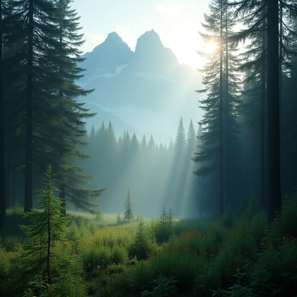 This image features a serene and misty forest landscape where tall pine trees frame the scene. In the background, majestic mountains pierce the sky, partially hidden by a soft blanket of mist. Sunlight streams through the trees, casting gentle rays of light that illuminate the lush greenery below. The forest floor is dotted with vibrant undergrowth, adding depth and color to the scene. This tranquil setting evokes a sense of calm and connection with nature.