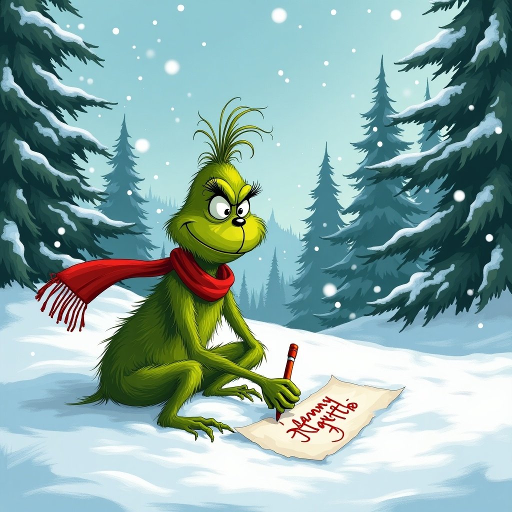 Grinch in snow writing a note. Snow-covered hills and evergreen trees surround him. Green character with a red scarf has a mischievous expression.