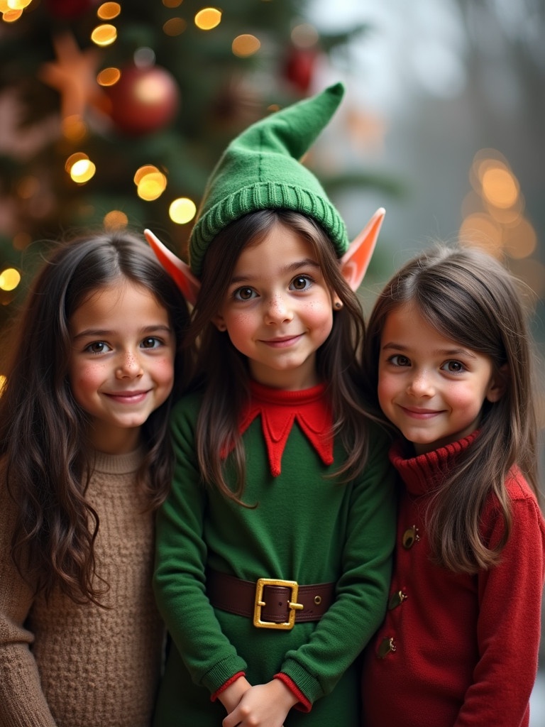 A girl elf is with two friends. The elf wears a green costume and pointed ears. They smile in front of a Christmas tree. The setting is festive and cheerful.