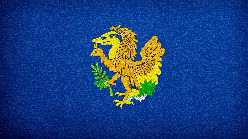 The image depicts a stylized golden griffin holding a green branch, set against a vibrant blue background. The griffin, a mythical creature with the body of a lion and the head and wings of an eagle, is rendered with intricate details, emphasizing its regal and mythical nature. The blue background enhances the gold and green elements, providing a striking contrast.