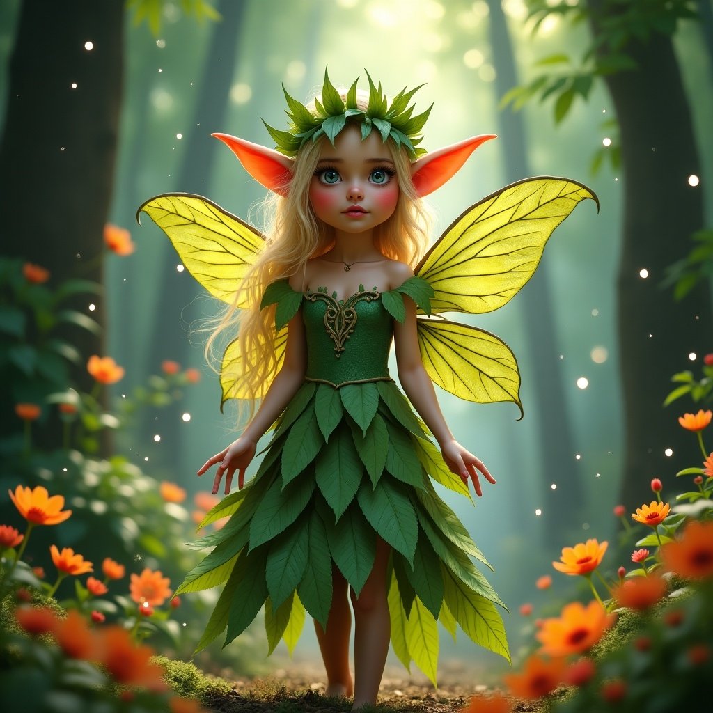 A fairy character with leaf-inspired wings and dress. Surrounded by flowers in a magical forest setting. Soft light filtering through trees.