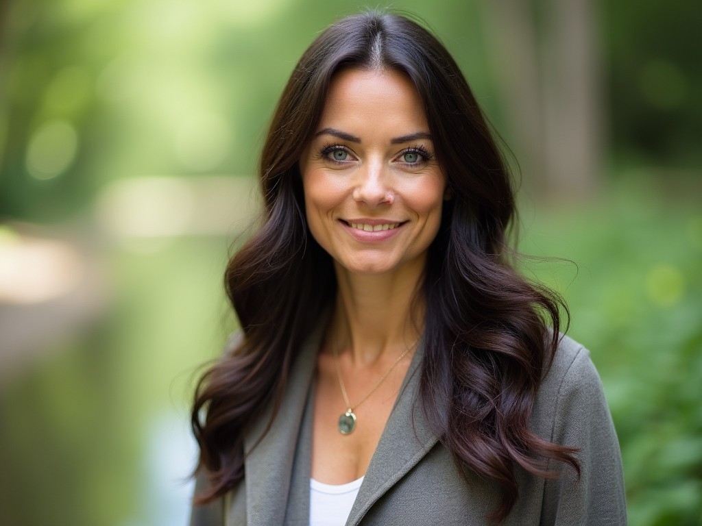 This image features a smiling woman with long, dark hair, standing outdoors near a serene, blurred background of trees and water. She exudes a warm, approachable aura with a friendly smile. Dressed casually, her outfit complements the natural setting. The soft lighting highlights her features, emphasizing her sparkling blue eyes. This scene conveys a sense of calm and positivity, making it inviting and relatable.