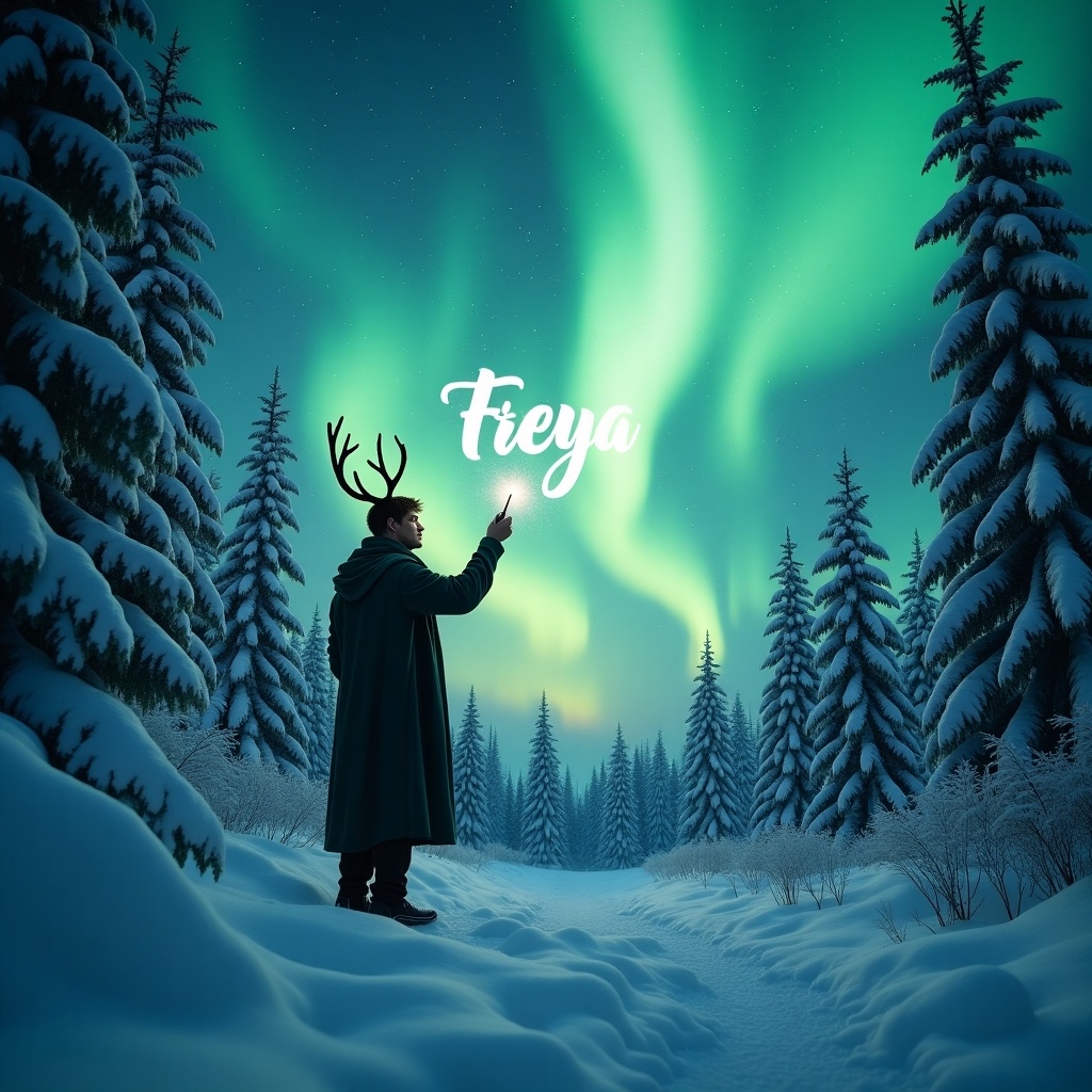 A mystical scene depicts an elf standing in a snow-covered forest. The vibrant northern lights illuminate the sky in shades of green and blue. The elf, adorned with antlers, gazes in awe at the spectacle above. Snow-laden trees surround him, creating a serene winter wonderland. Using a magic wand, the elf elegantly writes the name 'Freya' in the air, enhancing the magical atmosphere.