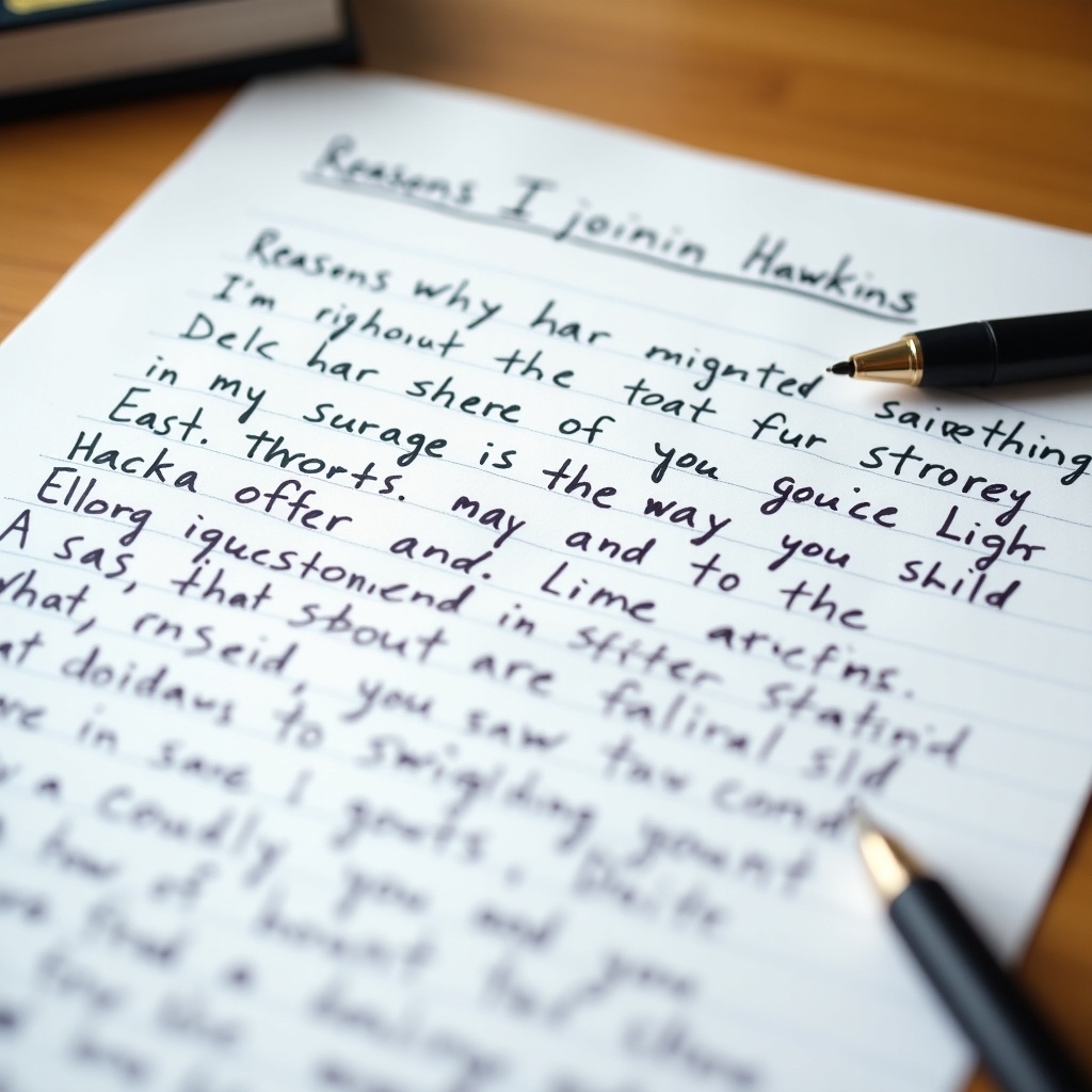 Handwritten note outlining reasons for interest in joining Hawkins. Clear and legible cursive text on lined paper. Written in black ink using a pen. Background is a wooden table with a book partially visible.